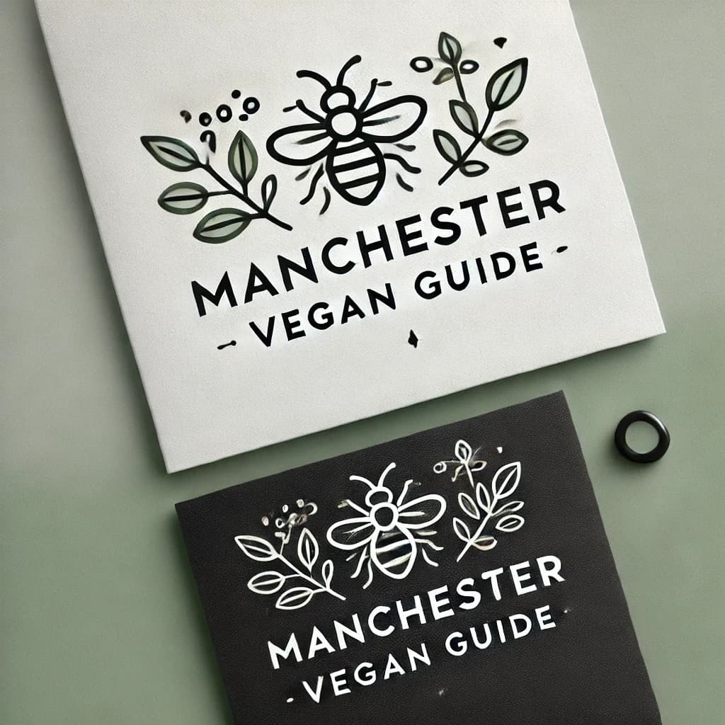 Two books on a green table, one above the other, both with the Manchester Vegan Guide logo on the front.
