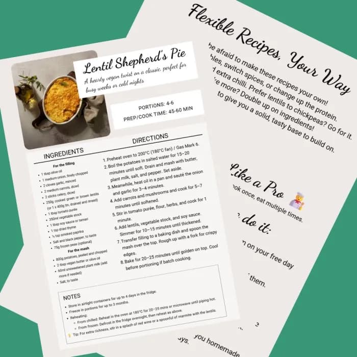 Pages from the Manchester Vegan Guide free vegan meal prep cookbook.