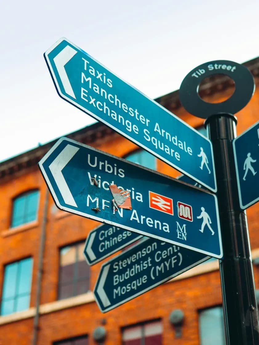 Public directional signs on Tib Street, Manchester.