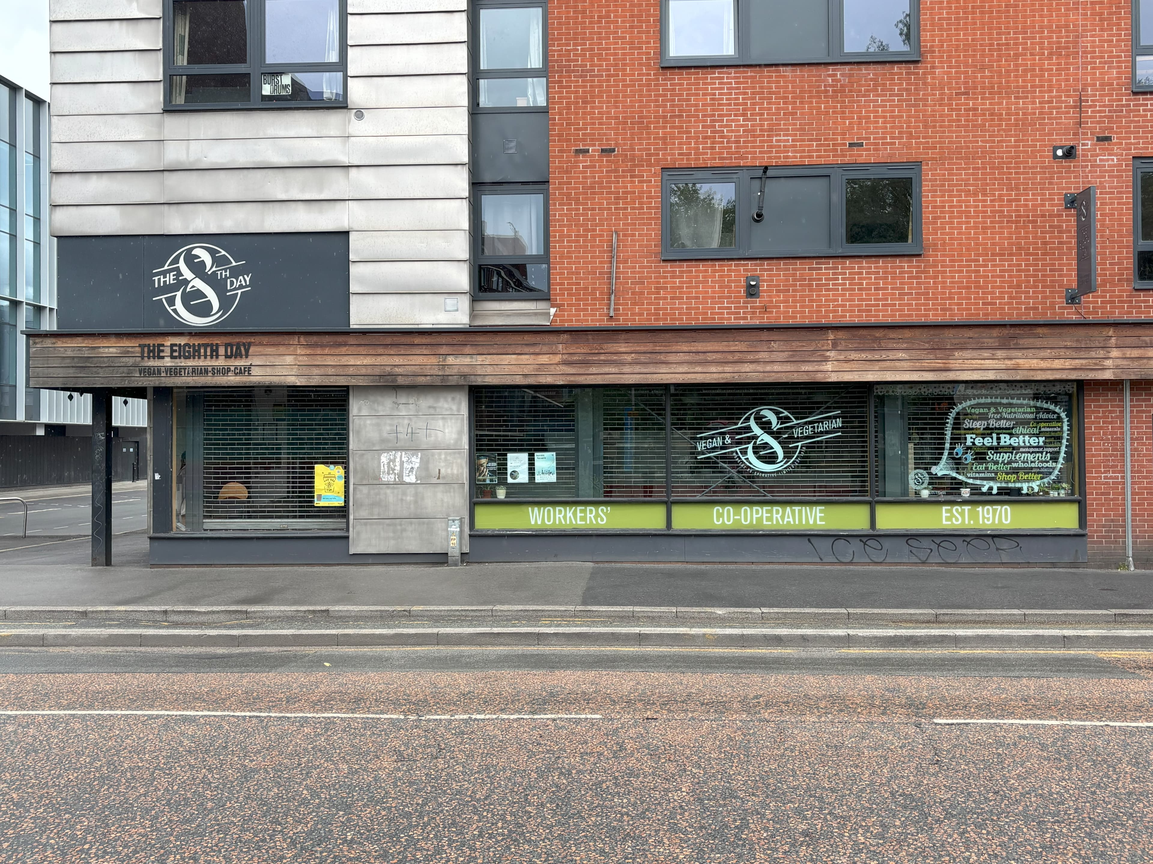 The restaurant front of The Eighth Day vegan restaurant on Oxford Road in Manchester.