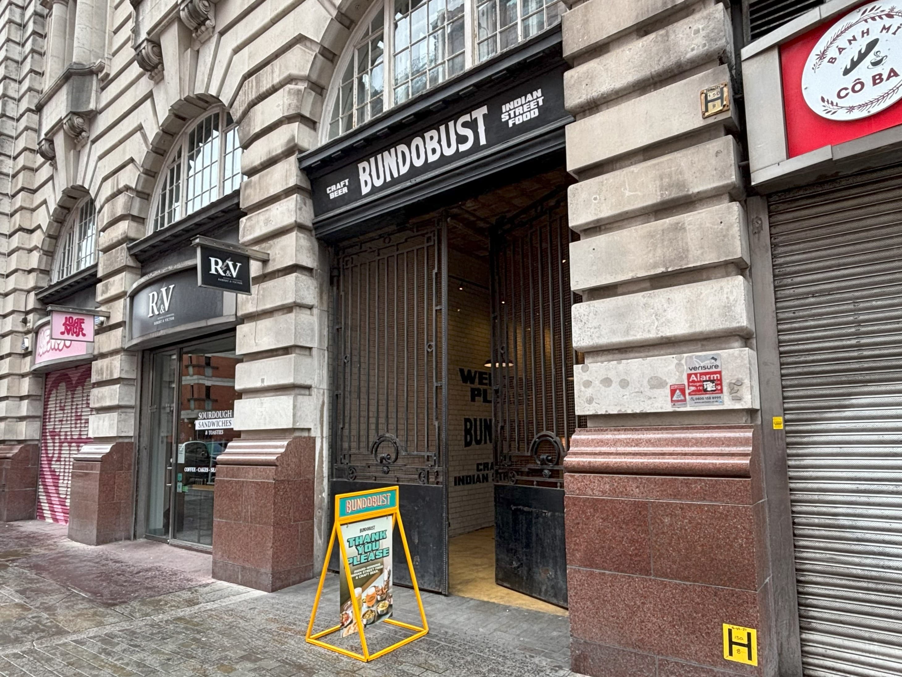 The front of Bundobust Brewery Vegan Restaurant on Oxford Road in Manchester.