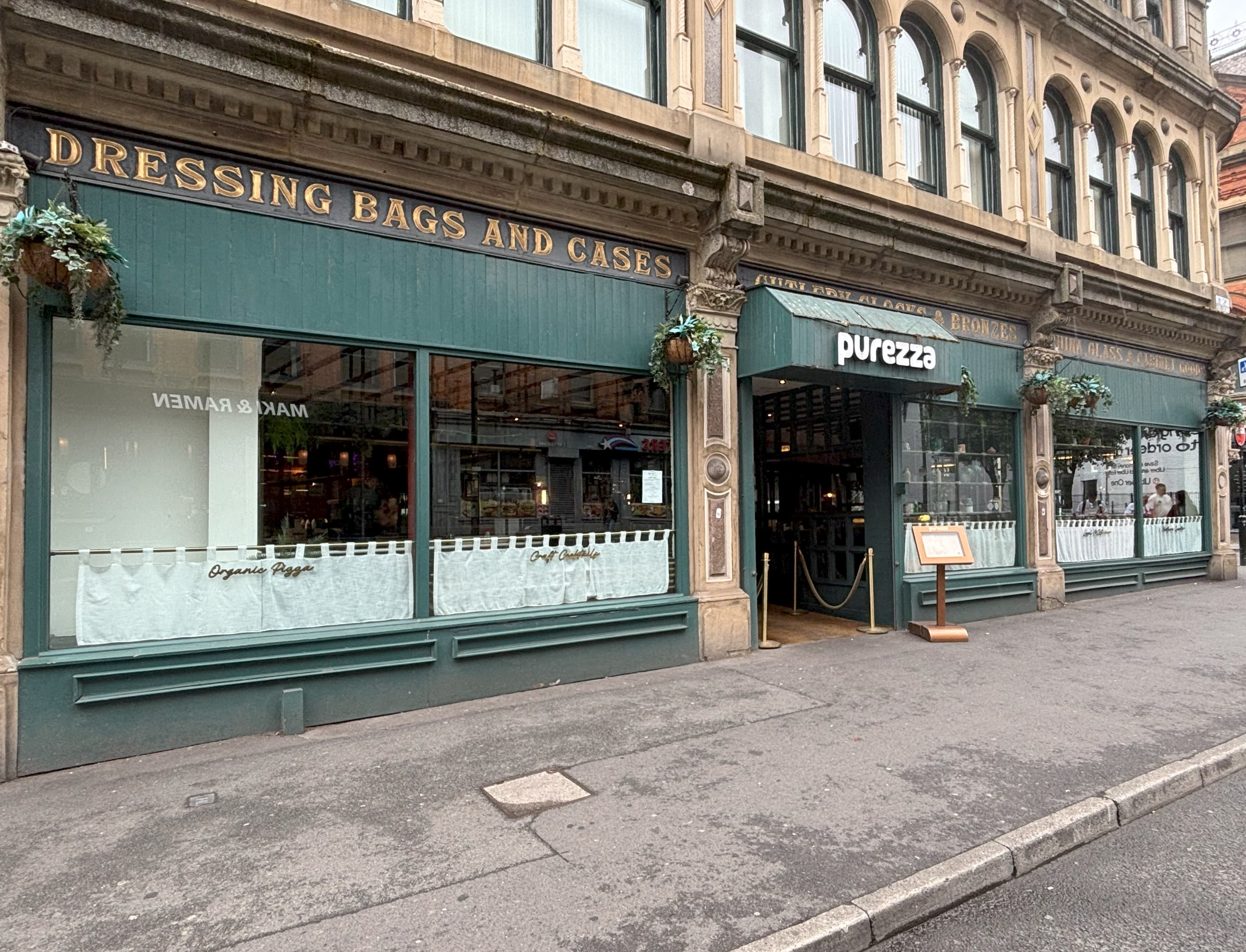 The restaurant front of Purezza Vegan Pizza Restaurant in Norther Quarter in Manchester.