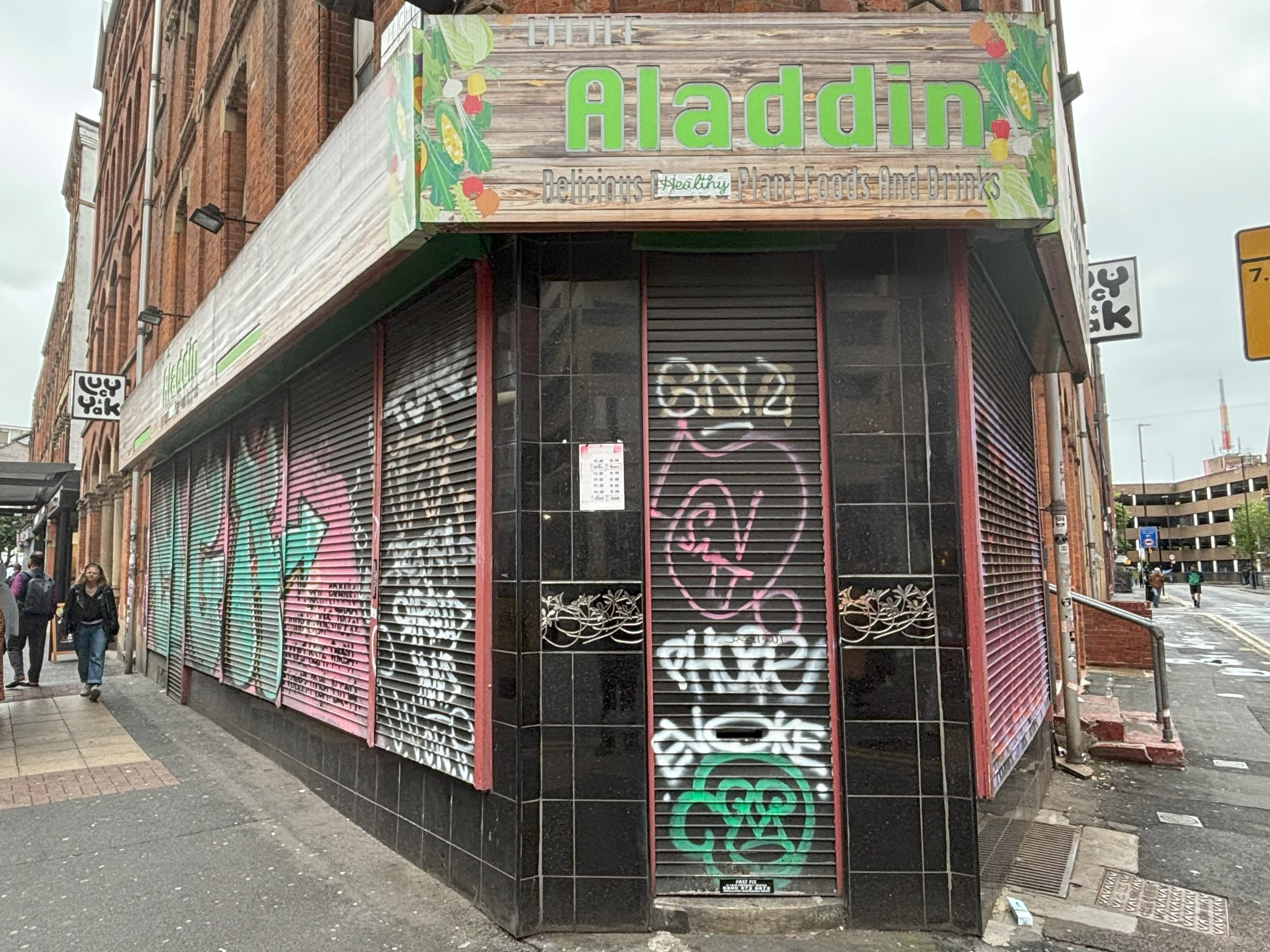 The restaurant front of Little Aladdin Vegan Restaurant in Norther Quarter in Manchester.