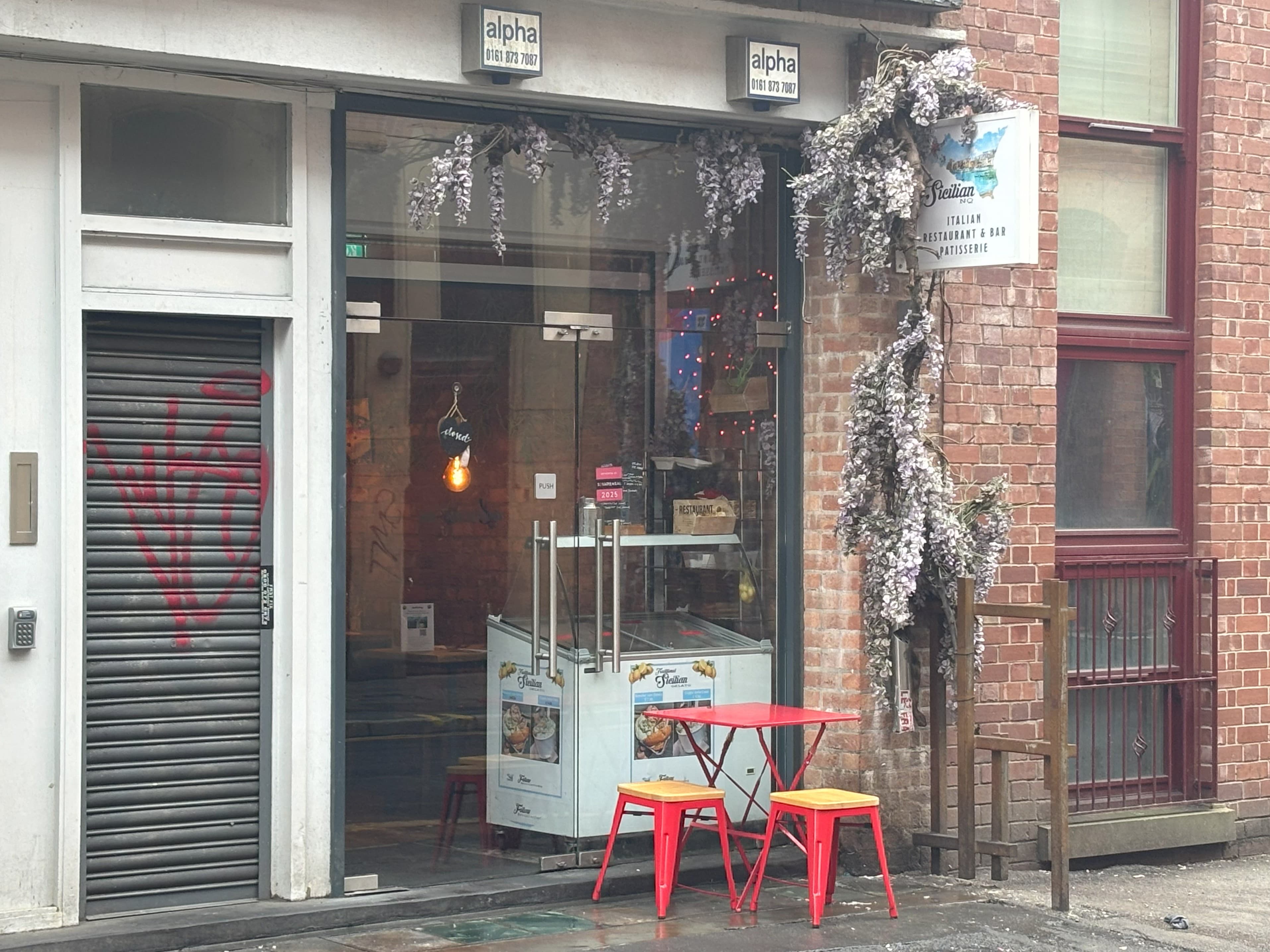 The restaurant front of Sicilian Vegan Restaurant in Norther Quarter in Manchester.